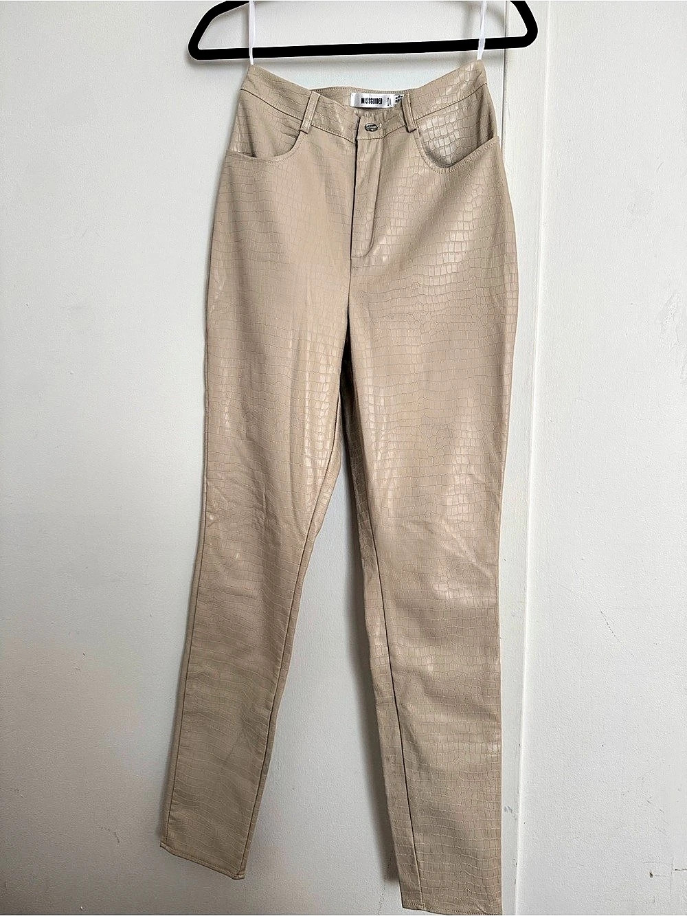 Missguided Crocodile Embossed Skinny Faux Leather Pants Beige - Size 6
